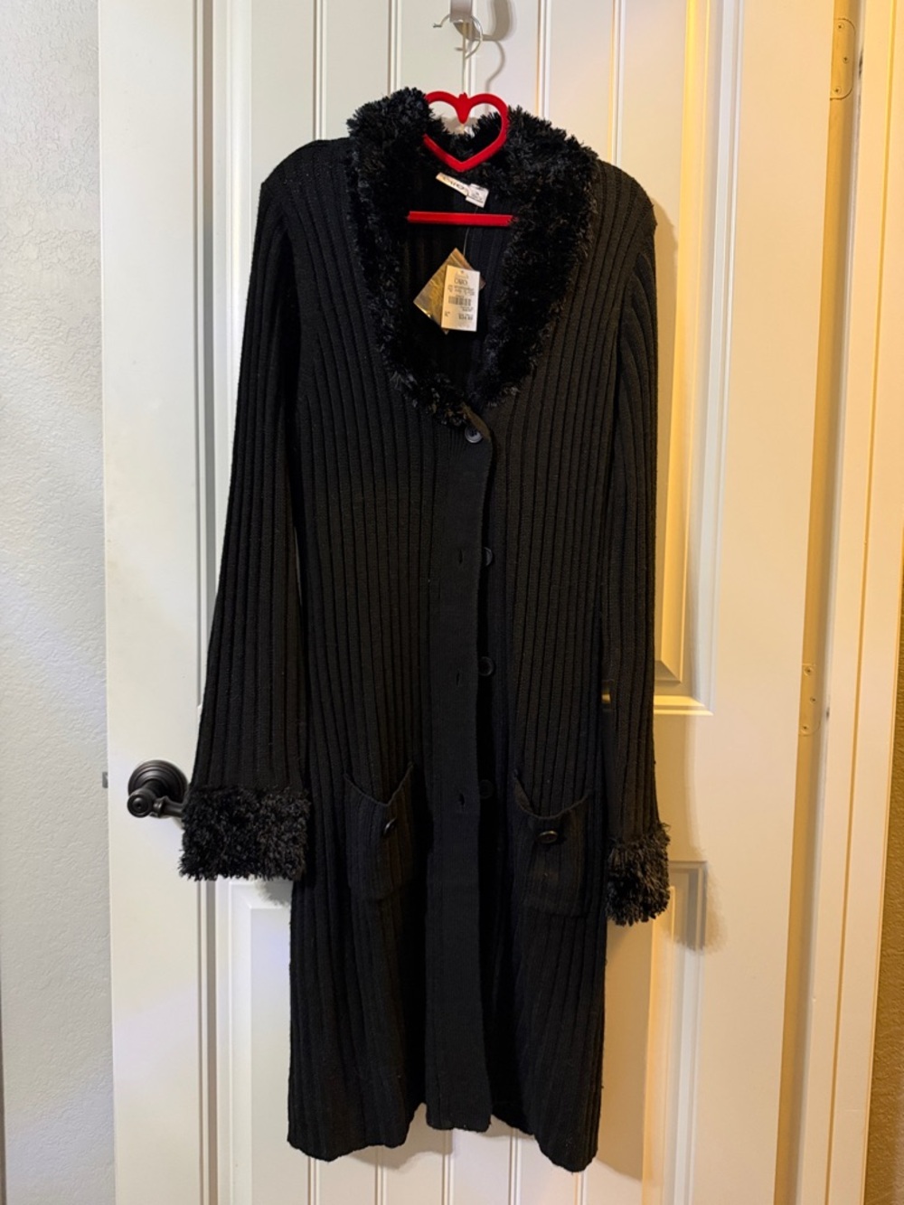 Cato Black Ribbed Cardigan with Faux Fur Collar
